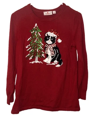 Quacker Factory Christmas Sweater Embroidered Kitty Cat with Sequin Tree Size XS - Image 1 of 4