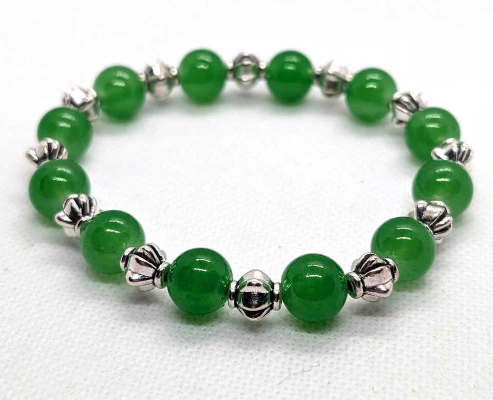  Pulsera elástica elástica verde esmeralda de jade y plata tibetana de 10 mm para mujer Foto 1 de 1