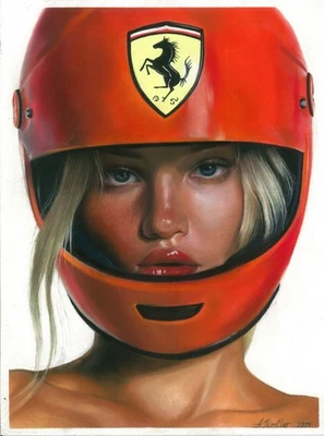 dibujo original 30 x 40 cm 183KnA obra de arte pastel mujer retrato casco ferrari Foto 1 de 4