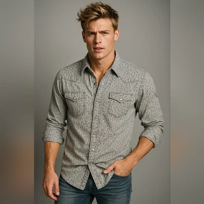 Duke’s Bark L Gray Black Floral Snap Western Shirt Cowboy Rodeo Pearl Snap Y2K - Image 1 of 4