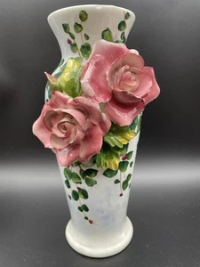 Vintage Hand Painted 3D Encrusted Raised Rose Floral Vase - Picture 1 of 10
