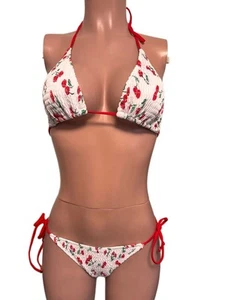 Red Cherry String Bikini Set M New Red Ties Triangle Rockabilly Cutesy Vacay - Picture 1 of 3