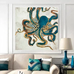 OCTOPUS OCEAN HAMPTONS STYLE GOLD OPTIONS PRINT ON STRETCHED CANVAS PAPER POSTER - Picture 1 of 7