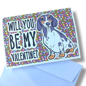 Black Piebald Dachshund Dog Valentines Day Card Handmade Holiday Greeting Gift - Picture 1 of 5