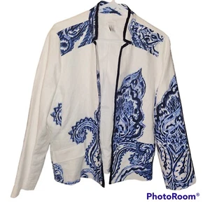 Chicos 2 100% Linen White Blue Long Jacket Blazer Large Summer Classic Elegant - Picture 1 of 4