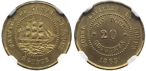 EGYPT , SUEZ CANAL BOREL LAVALLEY TOKEN 20 CENTS 1865 NGC UNC MS 63 , RAREP - Picture 1 of 3