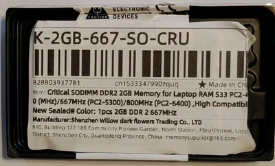 Crucial DDR2 RAM 2GB  High Compatibility (533Mhz, 667Mhz, 800Mhz). 200Pin Sodmin - Image 1 of 2