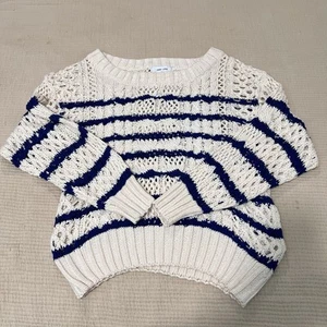 John + Jenn Cleo Open Knit Striped Sweater Women Small Blue Cream Nautical Boho - Picture 1 of 9