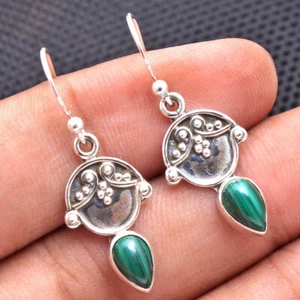 Malachite Gemstone Handmade Dangle Earrings 925 Sterling Silver Jewelry - Picture 1 of 2