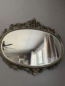Ornate Brass Oval Gold Wall Dresser Vanity Mirror Hollywood Regency Rococo 20x21 - Picture 1 of 12