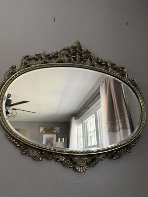 Ornate Brass Oval Gold Wall Dresser Vanity Mirror Hollywood Regency Rococo 20x21 - Image 1 of 4