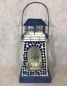 Lighthouse Lantern Glass Insert Blue Tiles White Nautical Made in Philippines