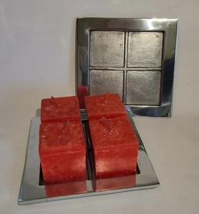 Nirvana Cube Candle Holder Heavy Silver Metal Plate + 4 Candy Cane Red Cubes - Picture 1 of 9
