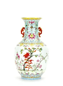 Antique Chinese Qing Jiaqing MK Famille Rose Peach Tree Garden Porcelain Vase - Picture 1 of 21