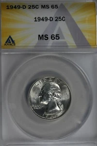 1949-D .25 ANACS MS 65 Washington Quarter, Silver 25 Cents (0.25) - Picture 1 of 2