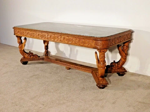 MONUMENTAL R J Horner 1870s 80s Carved Burl Walnut Library Center Entrance Table Cover