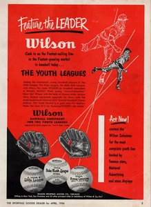 Guantes de béisbol Wilson Sporting Goods 1954, anuncio impreso de pelotas de béisbol - Imagen 1 de 2
