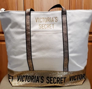 Victoria's Secret Beige & Gold Glitter Carry All Tote Bag 12"x13"x6"~ Nice! - Picture 1 of 10