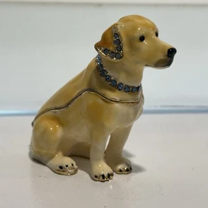 Bejeweled Enameled Golden Retriever Dog Metal Hinged Trinket Box Rhinestone 2” - Picture 1 of 9