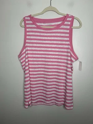 Talbots Striped Tank Top Pink White Stripes Linen Blend Sleeveless Size XL NWT - Image 1 of 4