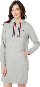 Tommy Hilfiger Women's Long Sleeve Hooded Sweatshirt Dress (Grey, Large)