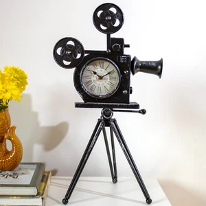 Vintage Film Camera On Tripod Mantel Clock Metal Roman Numerals Movie Time Decor - Picture 1 of 5