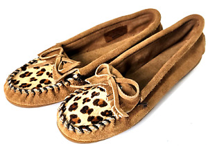 Minnetonka Women's Moccasins Brown Suede w/ Cheetah Print Calf Flats Size 9