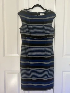 Calvin Klein Sheath Belted Career Dress Blue Gray Black Striped Sleeveless S 10 - Picture 1 of 9