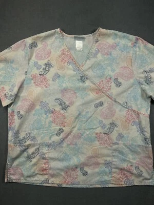 SB Scrubs Medical Scrub Top Adult 2X Pink Paisley Nursing Uniform Shirt Pockets - Image 1 of 4