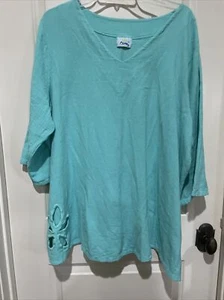 Dunes Aqua Blue Green Coastal Cotton Gauze Embroidered Tunic Top Womens Plus 1X - Picture 1 of 5