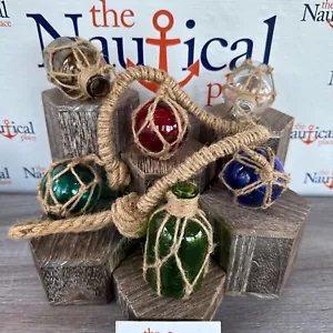 24" Glass Bottles & Fishing Floats On Rope - Fish Net Buoy Ball - Nautical Beach - Picture 1 of 5