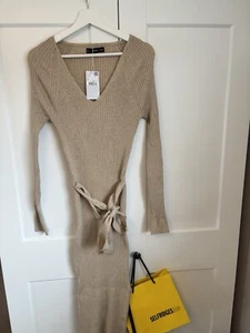 Mango Beige Ribbed Knit Midi Dress New Size Xl - Picture 1 of 3