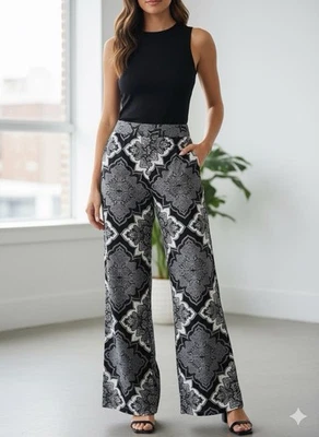 Pantalones medianos para mujer BoHo Hippie Festival pierna ancha mandala negro cintura elástica Foto 1 de 4