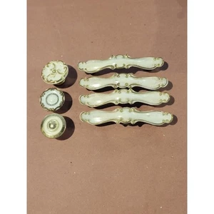 7 Assorted French Provincial Drawer Handles Pulls, White & Gold 60s/70s - Picture 1 of 4
