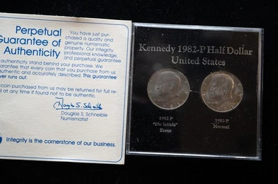 1982 Kennedy Half Dollar with "No Initials" error, with Normal 50c in Hard Case! - Image 1 of 3