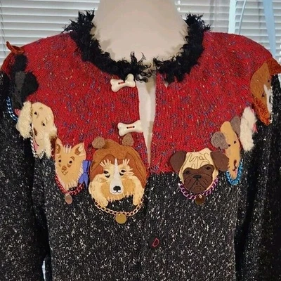 Cardigã Vintage Opções de Design Grande $320 Dog Show Philip Jane Gordon Raro - Imagem 1 de 4