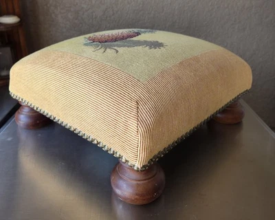 Antique Ottoman/Stool Wood Metal Tapestry Pineapple Motif Vtg13"x13"x6" - Image 1 of 4