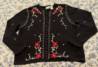 Cárdigan tejido vintage para mujer con cuentas temático navideño botón negro talla L Foto 1 de 4