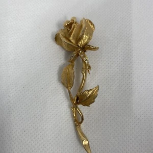 Vintage Gold Tone Long Stemmed Rose Flower Brooch Pin White Rhinestones - Picture 1 of 8
