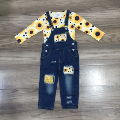 Новый бутик подсолнух рубашка джинсовой ткани Jean комбинезон девочек наряд комплект - Изображение 1 из 2
