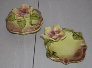 Vintage California Pottery Vee Jackson Trinket Dish w/ Lid & Ashtray 3D Magnolia - Picture 1 of 6