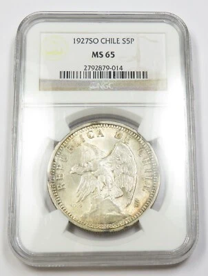 1927 NGC MS65 CHILE - Silver Cinco Pesos - 5P Coin #33908A - Image 1 of 2
