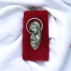Antique Virgin Silver Tin Child Standing Frame on Red Velvet RJ - Picture 1 of 4