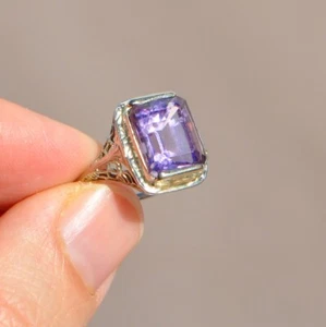 Antiguo Anillo Art Deco Oro Sólido 18k Amatista Corte Esmeralda Filigrana Grabado Grande - Imagen 1 de 12