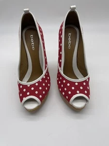 Womens 6B Polka Dot Bebe High Wedge Platform Heels Shoes - Picture 1 of 9