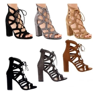 WOMENS NEW LACE UP BLOCK HIGH HEELS SANDALS PARTY SHOES ANKLE HIGH SHOES SIZE - Picture 1 of 6