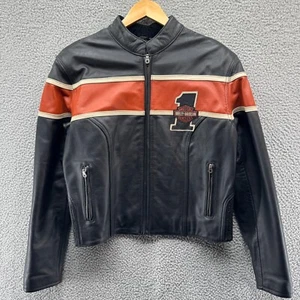 Harley Davidson Leather Jacket Women's Large #1 Black Orange - Picture 1 of 16