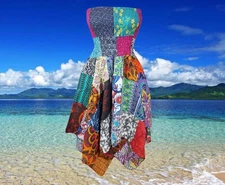 Womens Hilow Skirt, Patchwork Casual Wear, Bohemian Dress Blue Hippie S/M