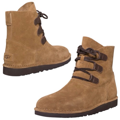 Stivali UGG donna taglia 10 scarpe Elvi marrone pelle scamosciata stringati stivaletti alla caviglia