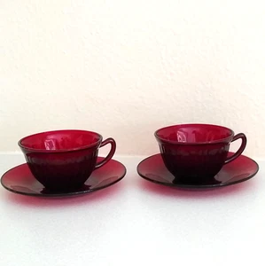 Vintage Anchor Hocking Ribbed Royal Ruby Cup & Saucer Set of TWO (2) Perfect - Picture 1 of 7